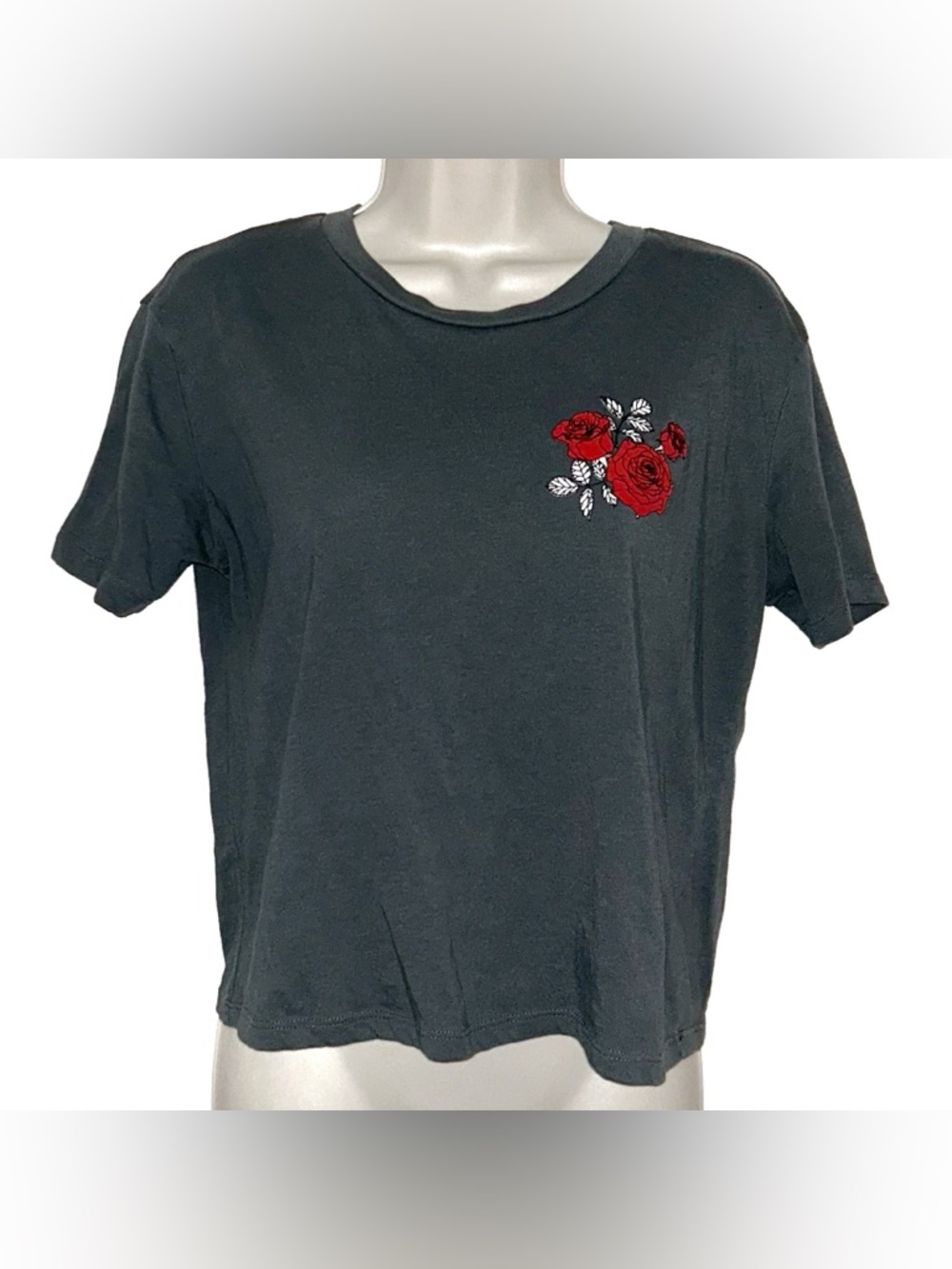 Rebellious One Gray Crop Tee with Red Rose